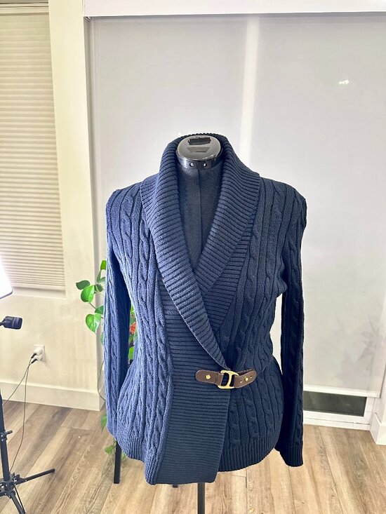 Ralph Lauren Cable Knit Cardigan Belted Shawl Collar Navy Sweater Women Large - Picture 1 of 15